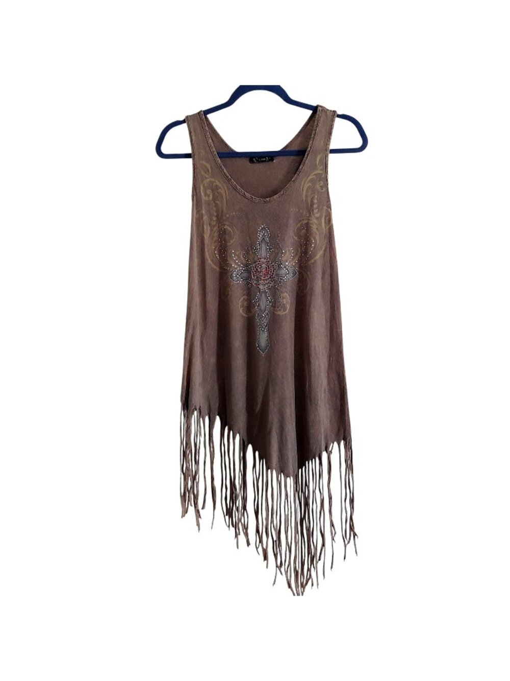 Urban X Sleeveless Fring Top Asymmetrical Hem Bling Cross/Roses Boho Hippie S